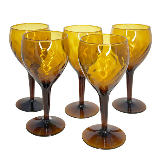 1970s Vintage amber ripple effect glasses. Set of 5. - House.warmings